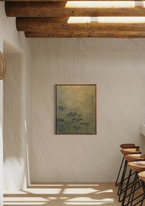 taryn wneske painting framed title warm sage on wall in room with wooden beam ceiling and 5 stools