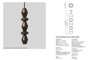 spec sheet with dimensions and materials listed for Rosie Li and Mondays Mixed Column Cone Pendant