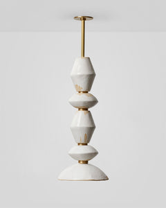 Rosie Li and Mondays ceramic mixed column round pendant light with buff gloss and brushed brass hardware