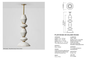 Rosie Li and Mondays ceramic mixed column round pendant light spec sheet with dimensions and materials listed