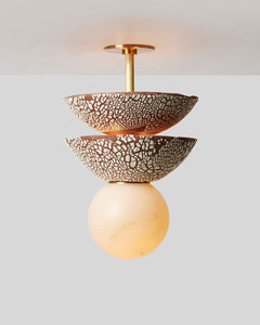 Rosie Li and Mondays ceramic double domed pendant light with sphere alabaster globe shade red crackle glaze and brushed brass light on