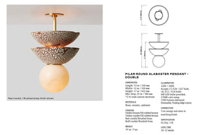 Rosie Li and Mondays ceramic double domed pendant light with sphere alabaster globe shade spec sheet with dimensions and materials listed