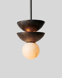 Rosie Li and Mondays ceramic double domed pendant light with sphere alabaster globe shade umber bronze and oil-brushed bronze