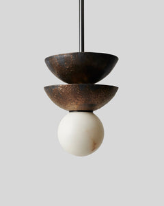 Rosie Li and Mondays ceramic double domed pendant light with sphere alabaster globe shade umber bronze and oil-brushed bronze