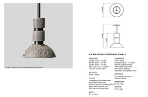 Rosie Li and Mondays ceramic pilar round small hanging pendant spec sheet with dimensions an materials listed