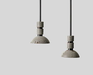 Two Rosie Li and Mondays ceramic pilar round small hanging pendants with oil-rubbed bronze hardware