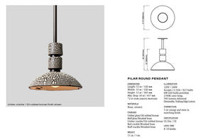 spec sheet with complete listing of dimensions and materials for Rosie Li and Mondays Pilar Round Pendant