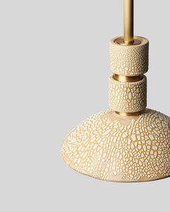 Rosie Li and Mondays ceramic pilar round small hanging pendant with buff crackle glaze and brushed brass hardware