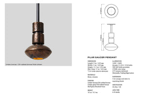 spec sheet with complete listing of dimensions and materials for Rosie Li and Mondays Pilar Saucer Pendant