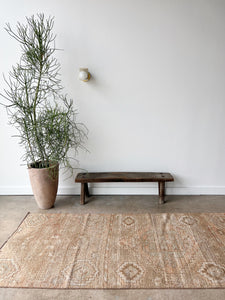 emily vintage turkish three feet seven inch by nine foot seven inch rug lying on cement floor in front of tall plant and bench