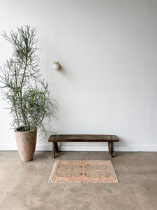 evelyn turkish pink and brown rug one foot eleven inches by three foot one inch lying on cement floor in front of tall plant and bench