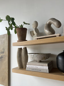 styled open shelving with ceramics, books, and a plant